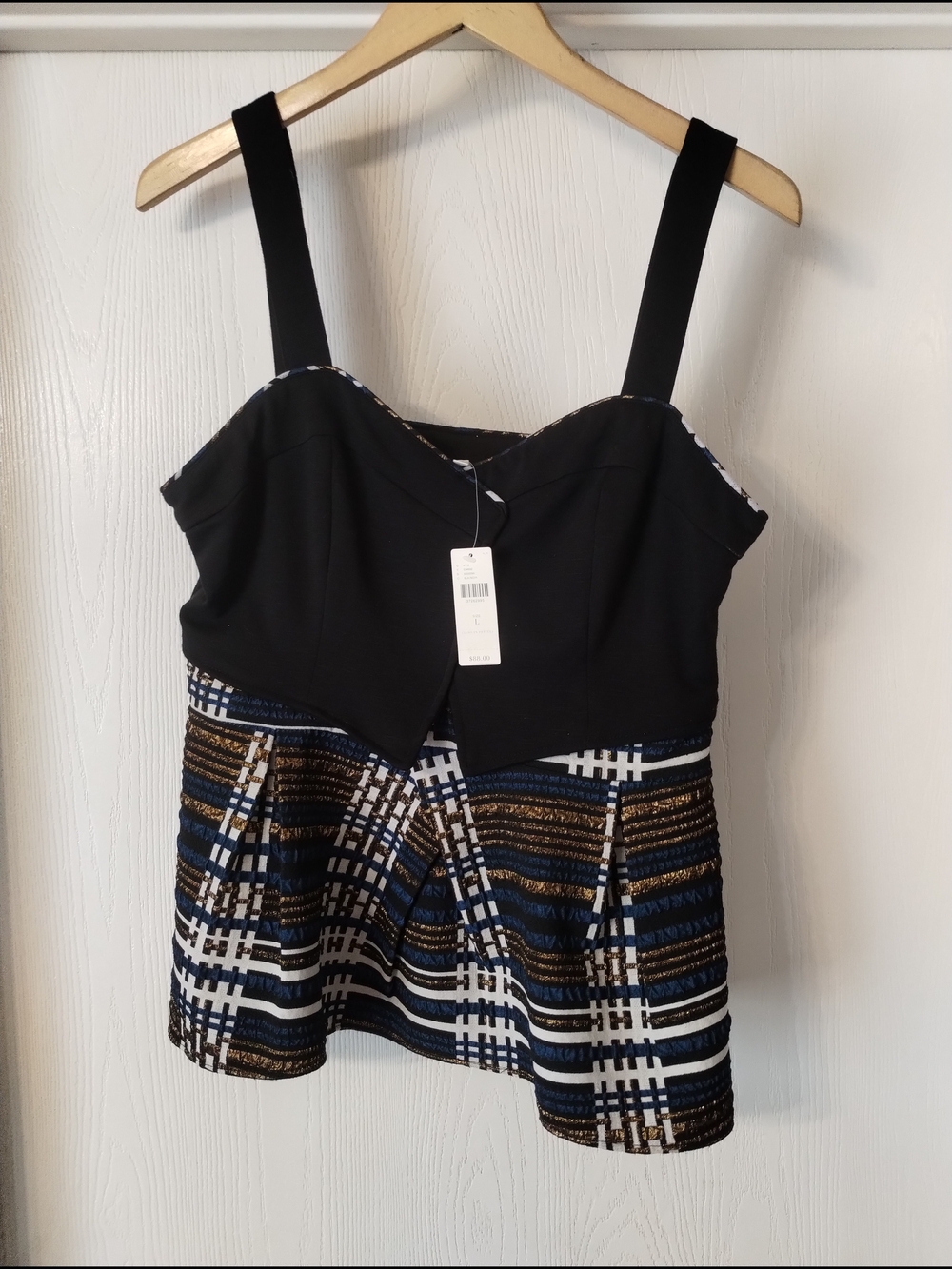 Anthropologie Black Bustier Peplum Top with Blue & White Plaid Skirted Hem